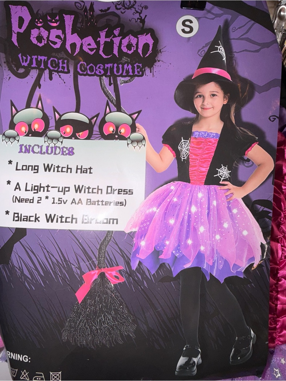 Light-Up Purple Witch Costume for Girls with Hat and Broom NWT Small 4-6